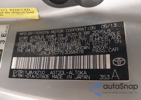 2014 Scion Tc 10 Series from USA, damaged, VIN JTKJF5C77E3068478